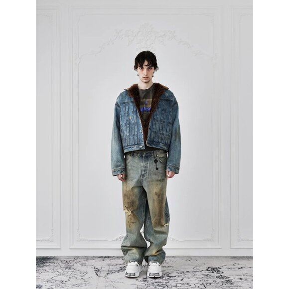 Birth of Royal Child Dirty-Washed Brushing Wax Baggy Denim in Blue - Picture 2 of 6